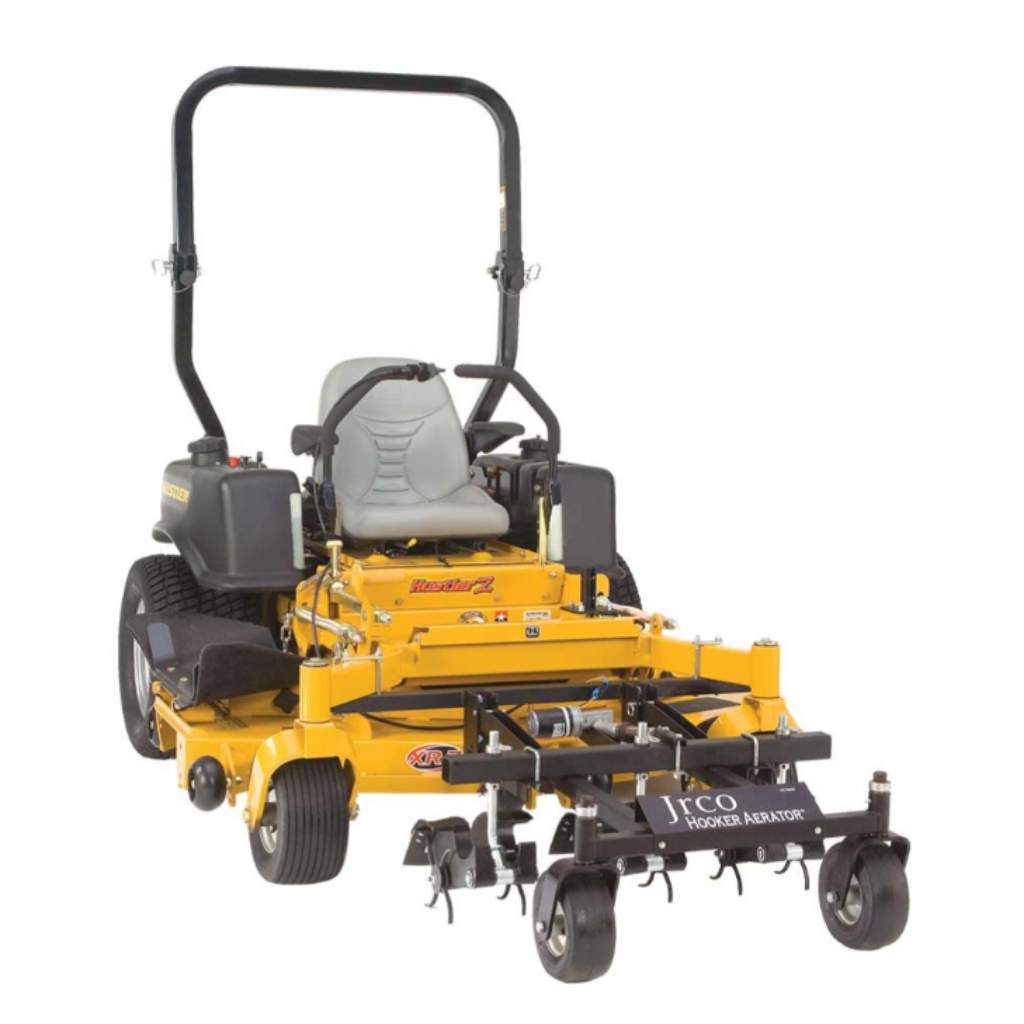 Yellow lawn mower with Jrco 38 Inch Hooker Aerator on a white background