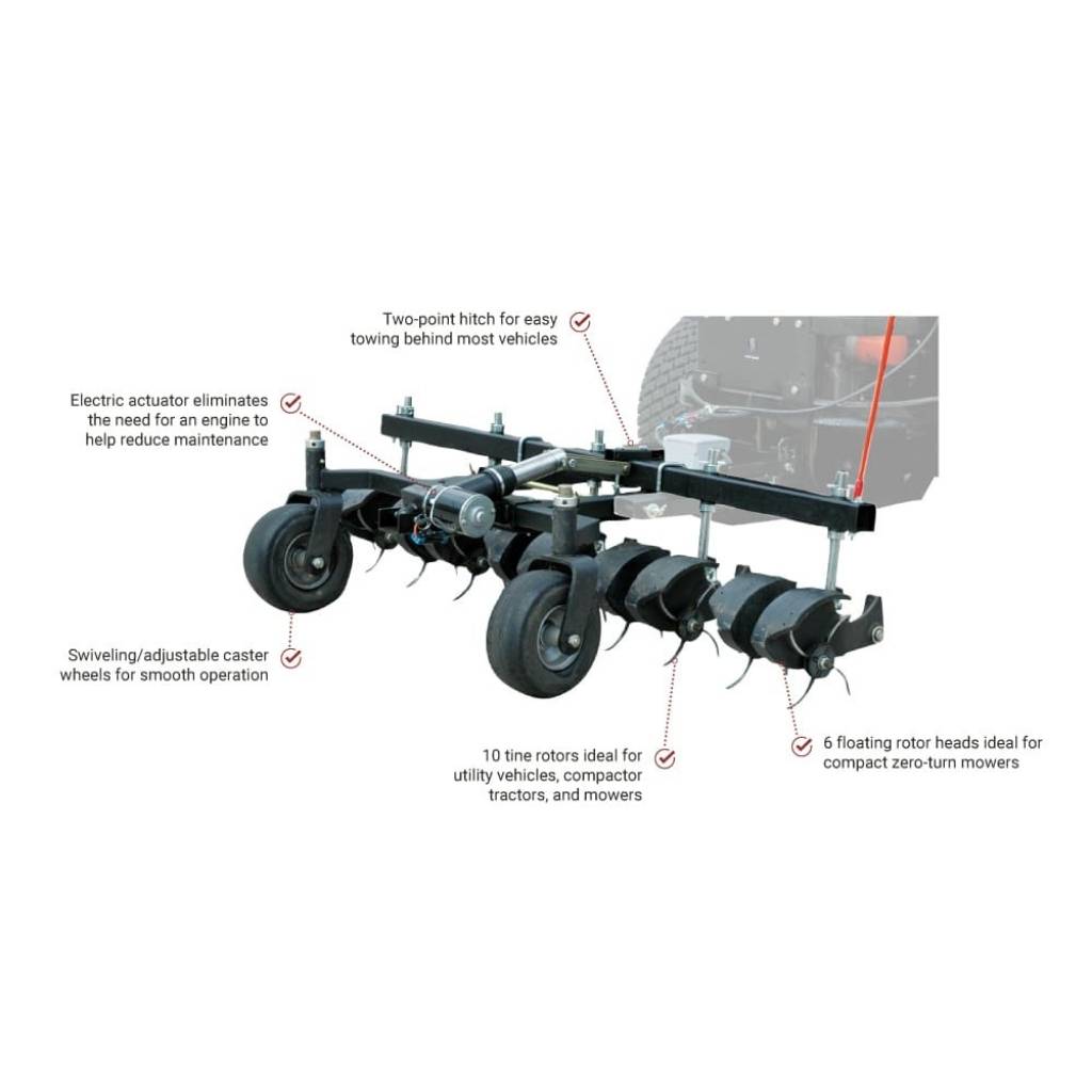 Illustration of a jrco 60 inch tow behind hooker aerator with labeled features on a white background