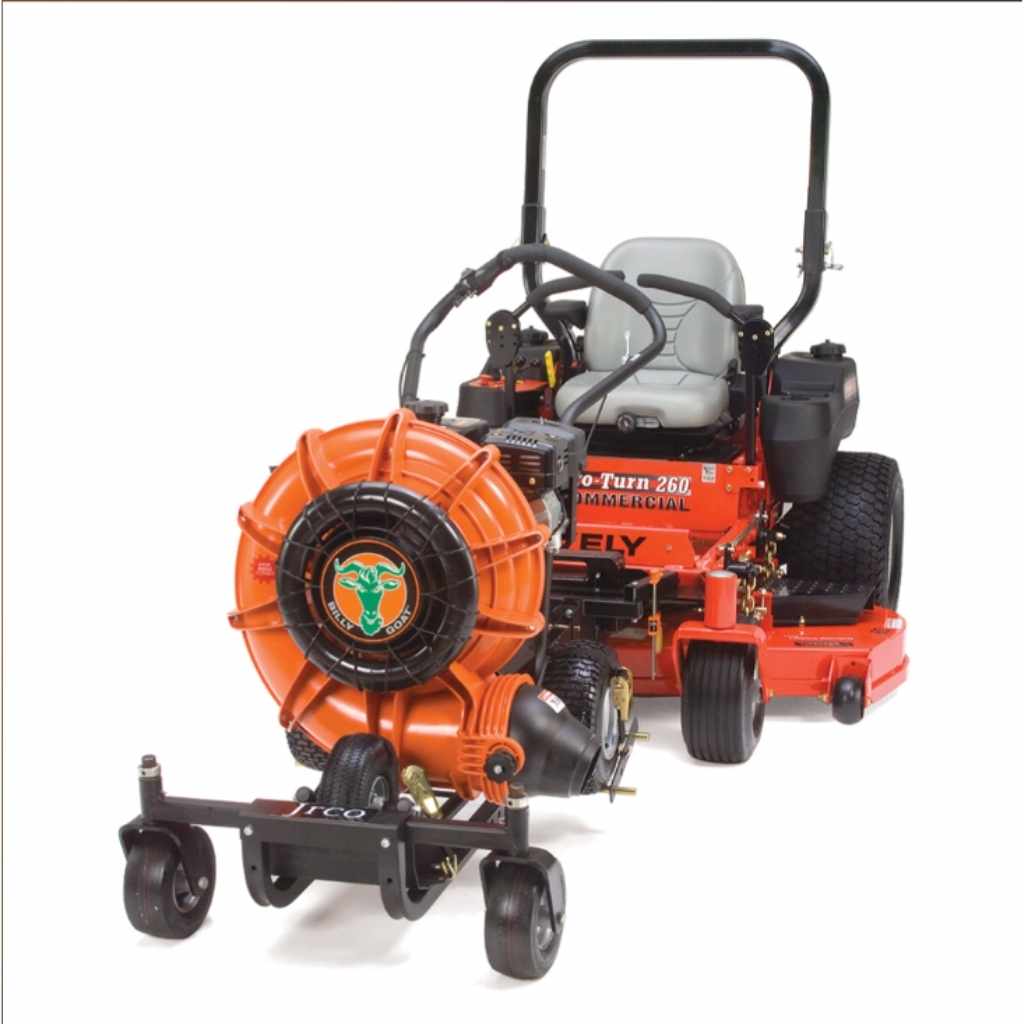 Orange and black lawn mower with a jrco blower buggy mower attachment 601 on a white background