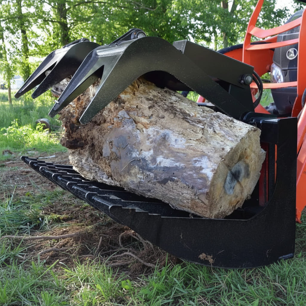 Black loflin fabrication root grapple on a grassy field holding a stump