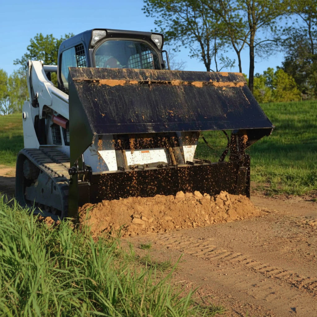 a white skid steer with a black loflin 4 in 1 bucket with jaws fully opened on a dirt track with trees in the background with a clear blue sky out