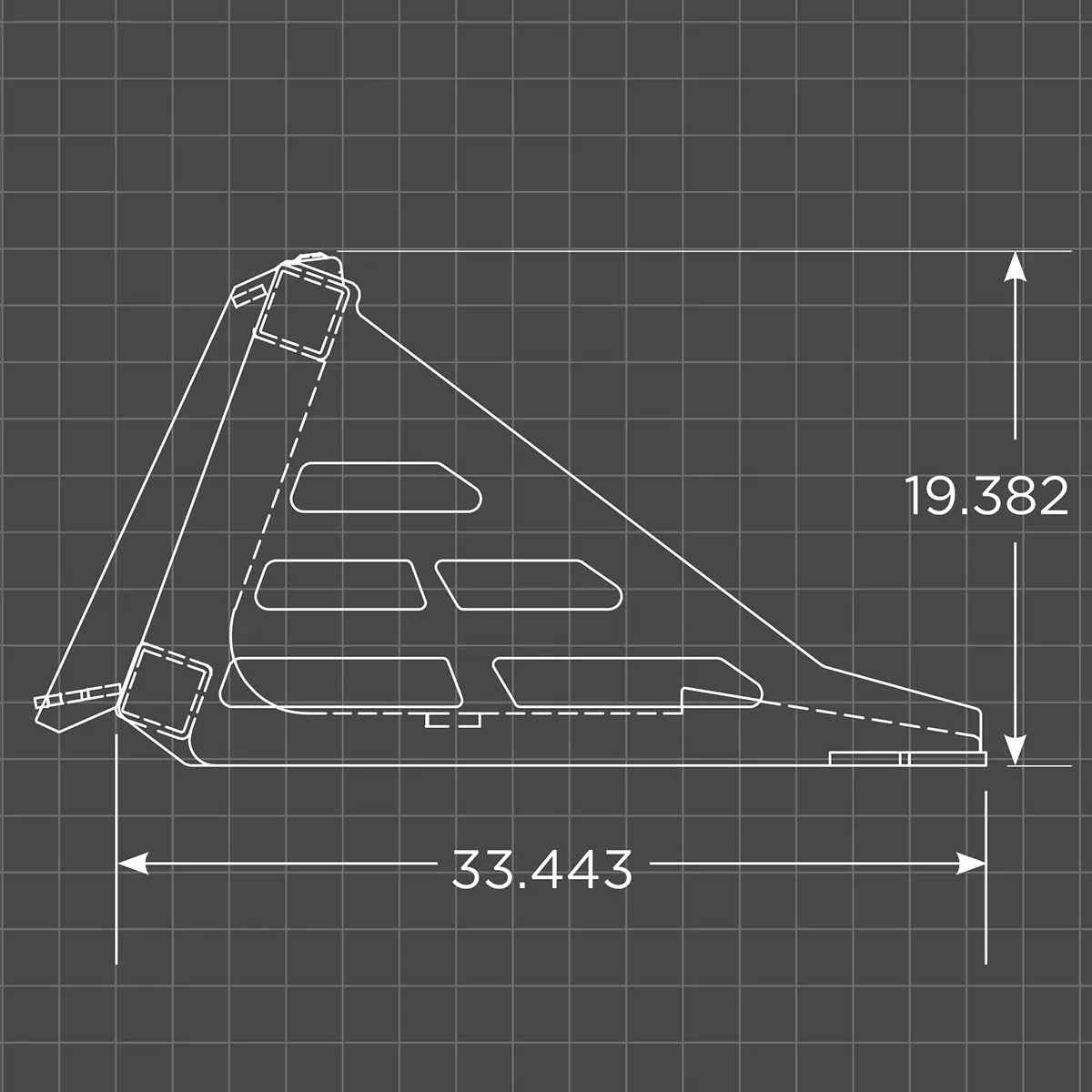 Technical drawing of a Loflin Mini Rock Bucket with measurements on a grid background