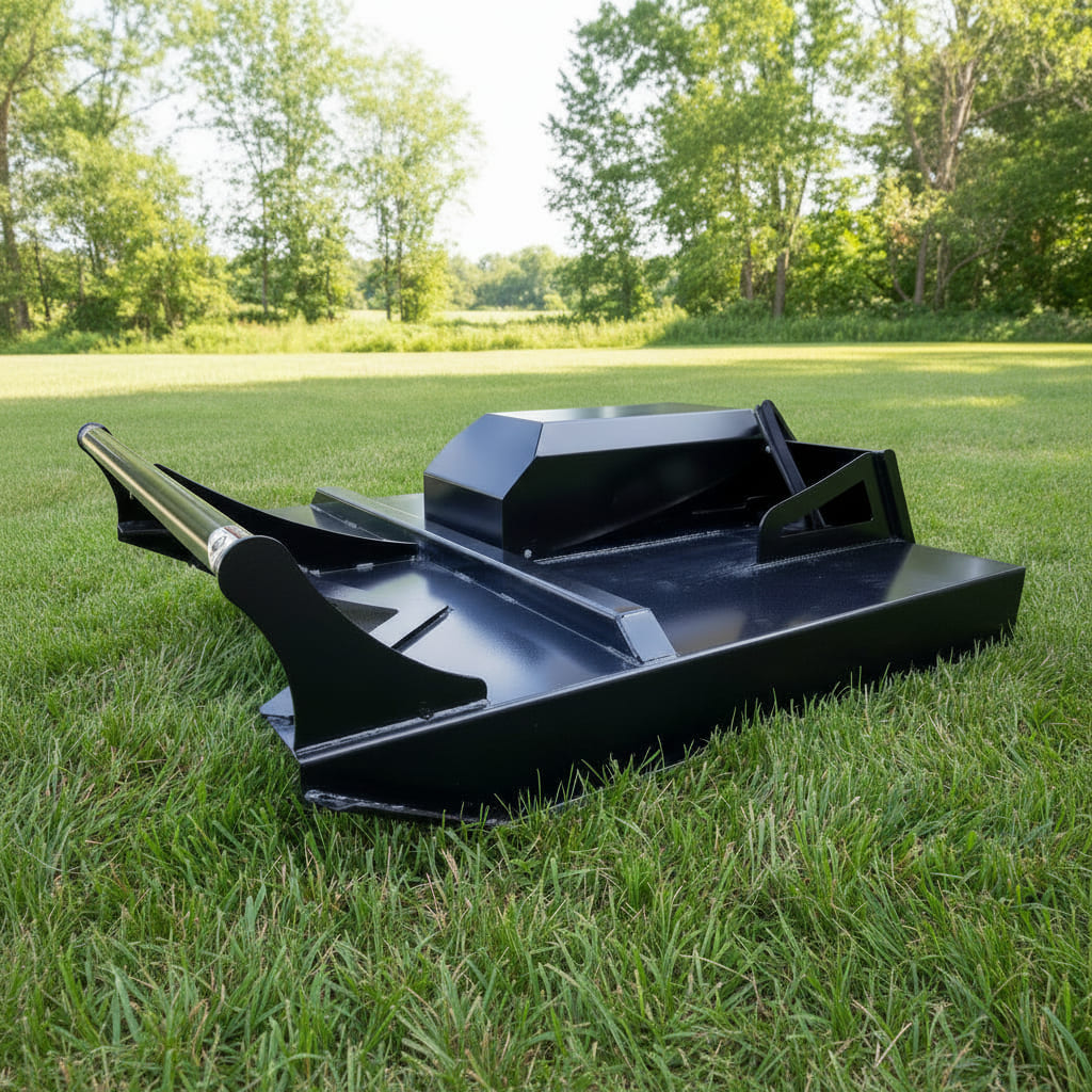 a black loflin skid steer fabtech brush cutter on a grass field side view