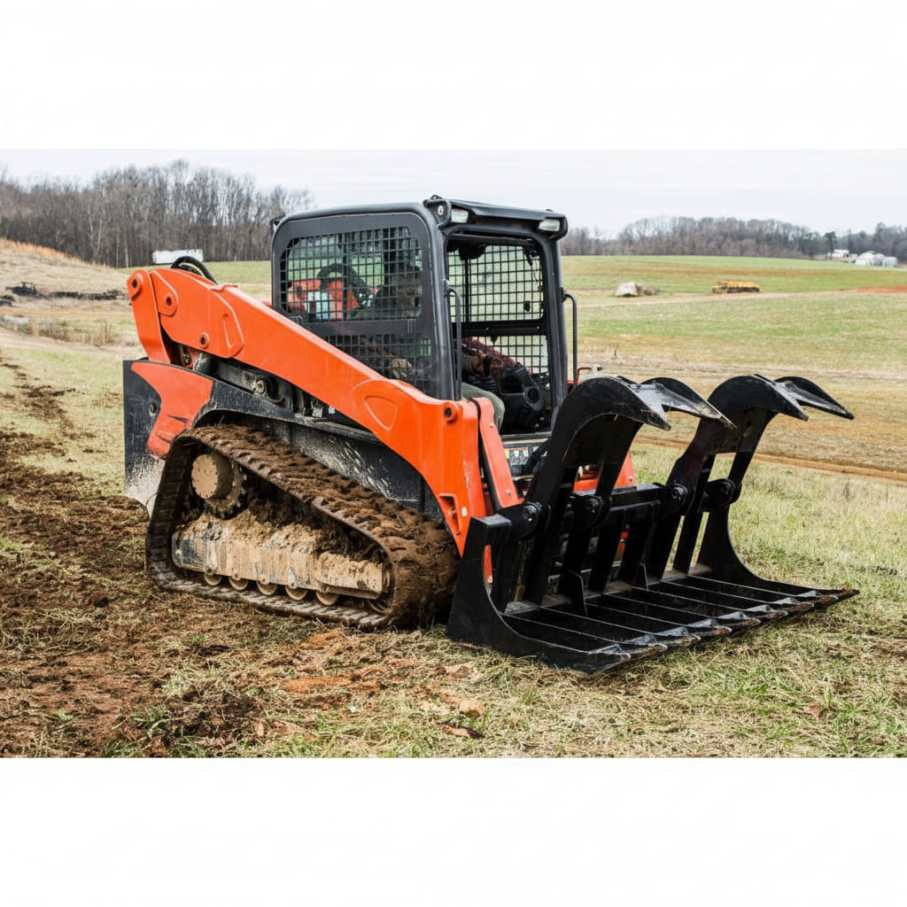 Orange tracked loader with a black loflin skid steer root grapple on a grassy field