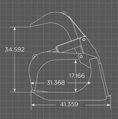 Technical drawing of a loflin fabrication root grapple with dimensions on a grid background