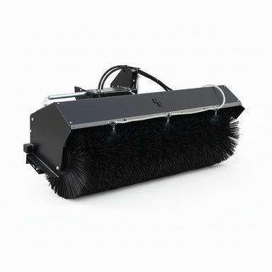Black Loflin Skid steer hydraulic angle broom on a white background