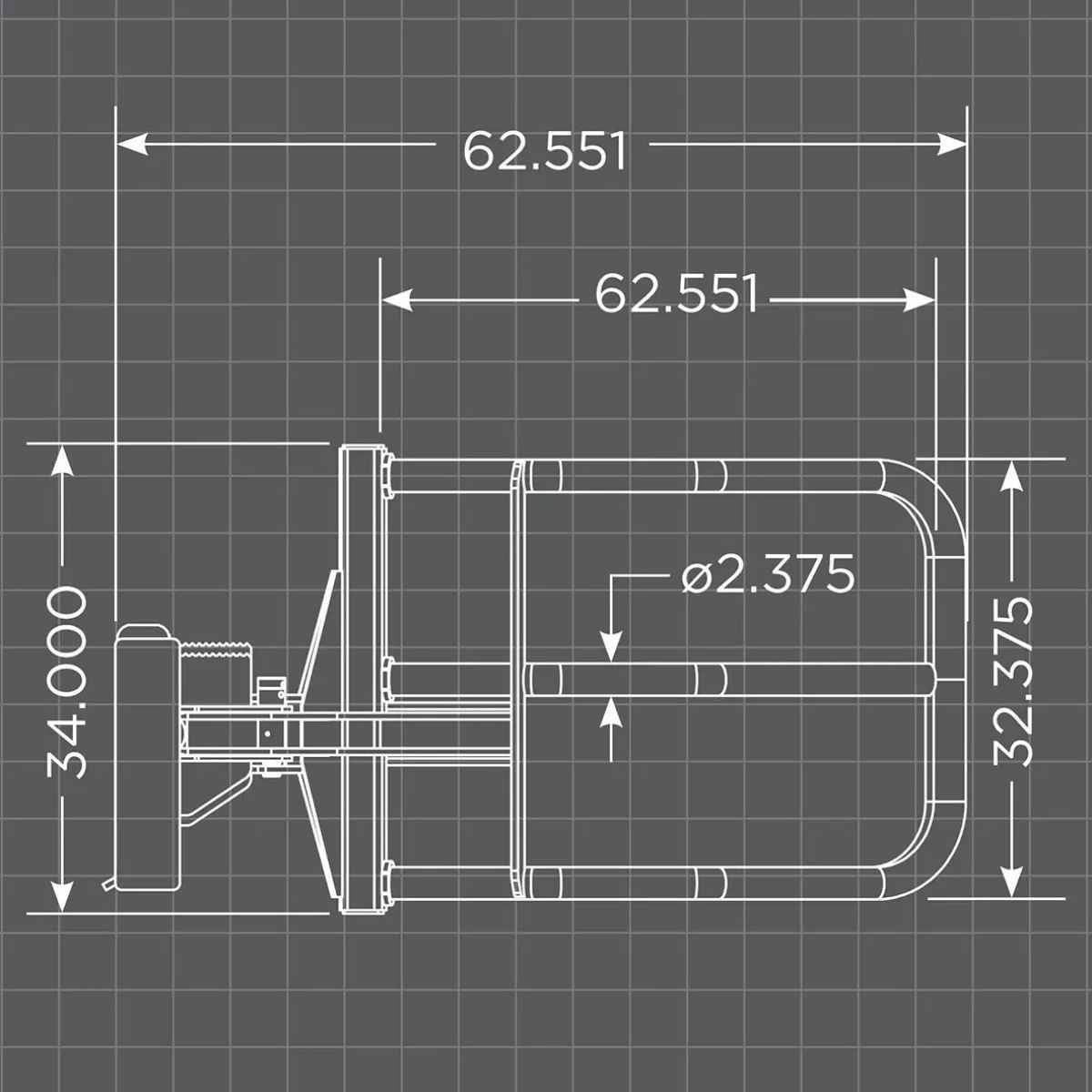 Technical drawing of a loflin fabrication bale squeezer with dimensions on a grid background