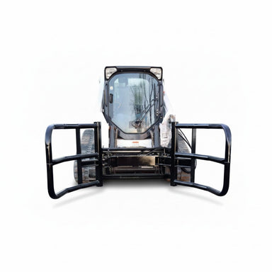 a white skid steer with a black loflin bale squeezer attached to the front of the machine claws fully opened front view on a white background