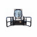 a white skid steer with a black loflin bale squeezer attached to the front of the machine claws fully opened front view on a white background