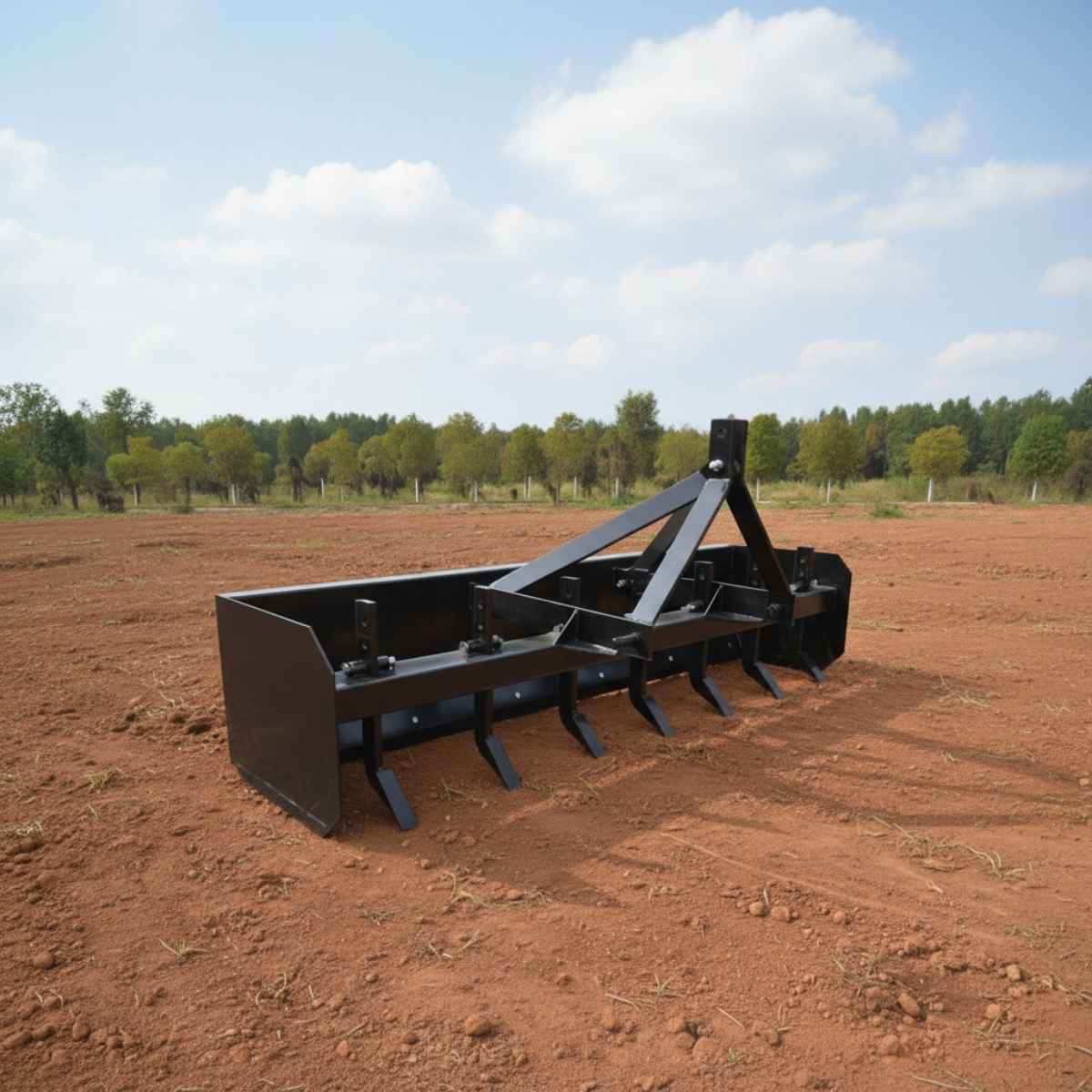 A large loflin fabrication box blade on a plowed field with trees in the background