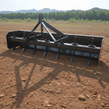 Large loflin fabrication box blade on a plowed field with trees in the background