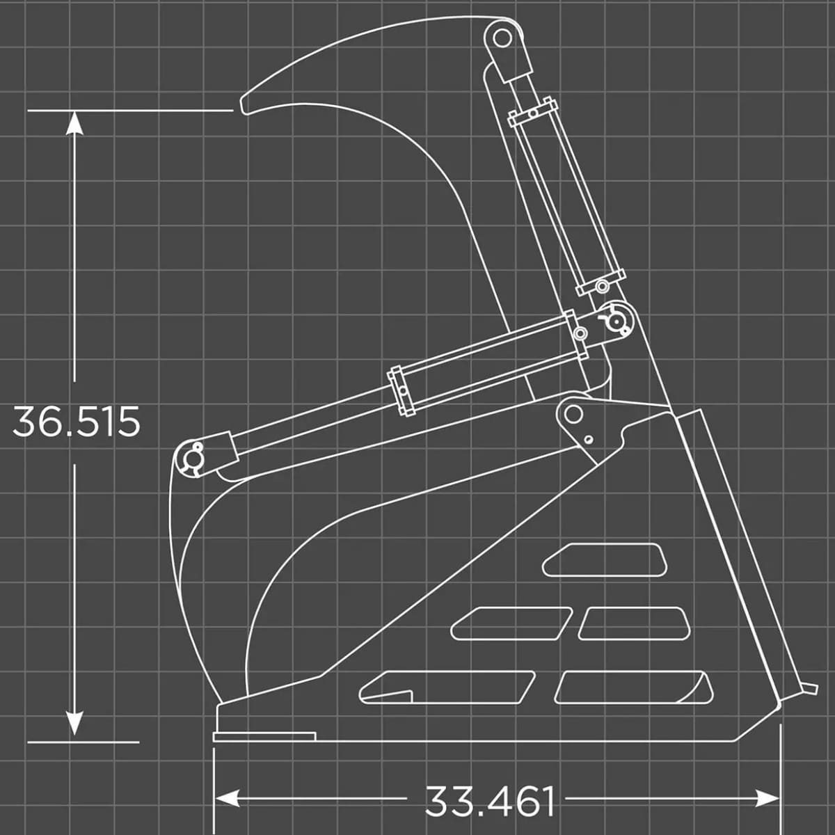 Technical drawing of a loflin tractor rock grapple bucket with dimensions on a grid background