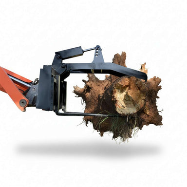 a black loflin fork grapple holding a stump on a white background-+