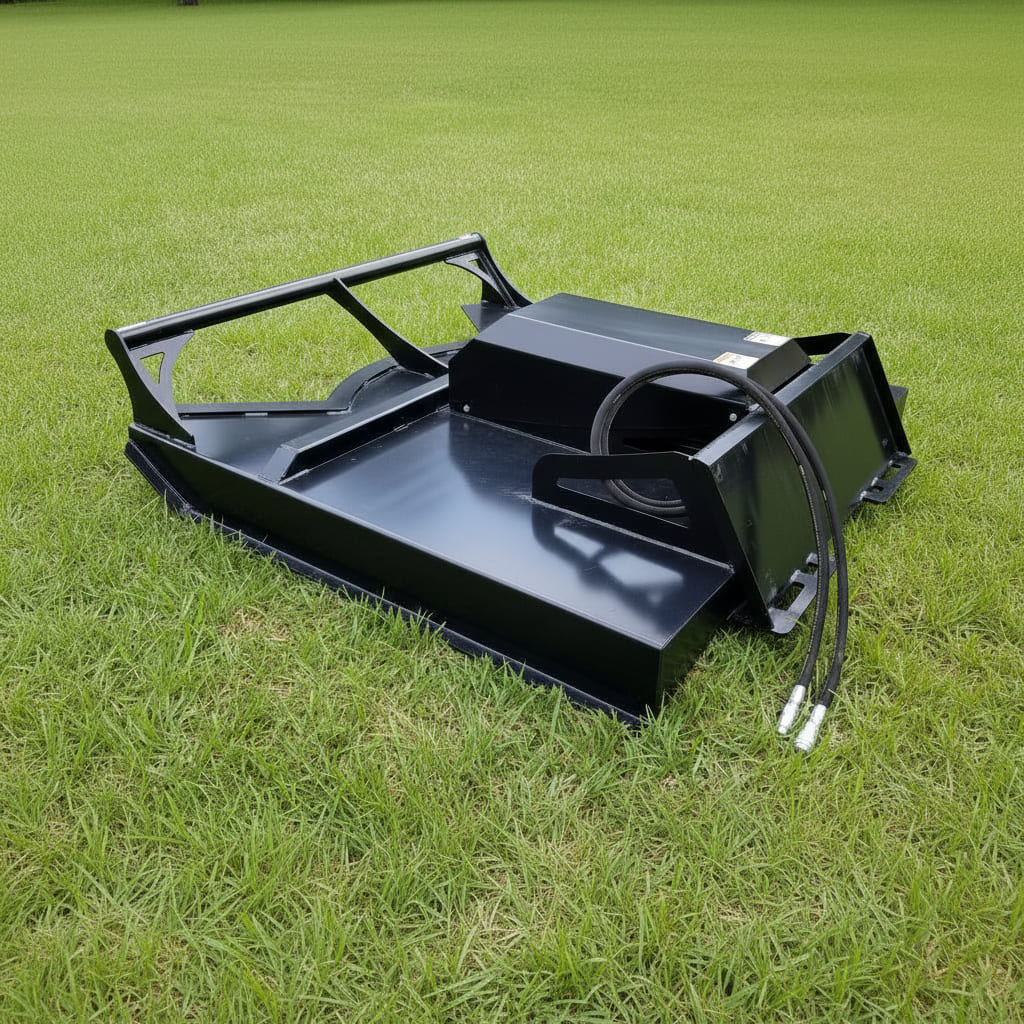 a black loflin fabtech brush cutter on a grass field back side view 