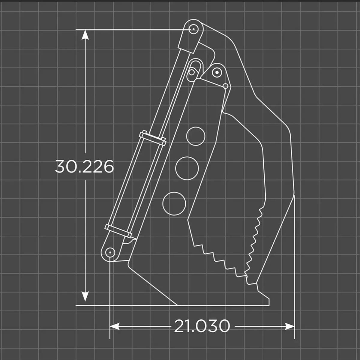 Technical drawing of a loflin fabrication compact tractor vertical root grapple with dimensions on a grid background