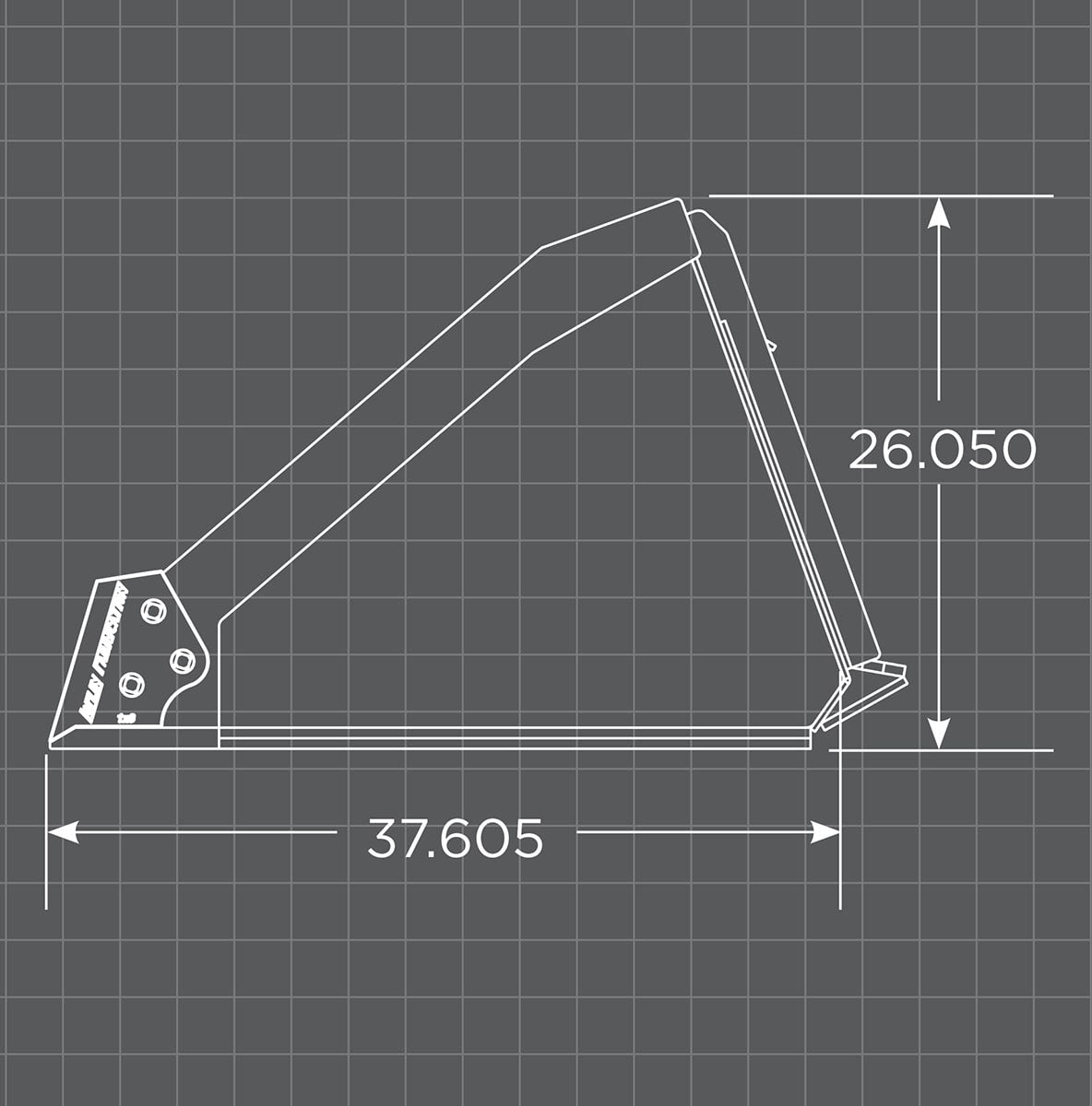 Technical drawing of a loflin fabrication greg lofli -bucket attachment with dimensions on a grid background and numerical lettering.