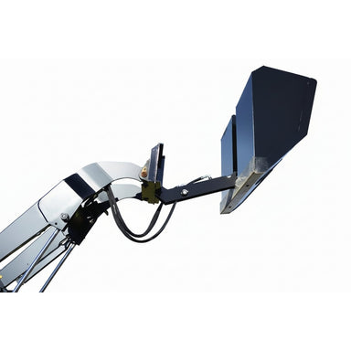 A black loflin mini skid steer front dump bucket fully extended on white background