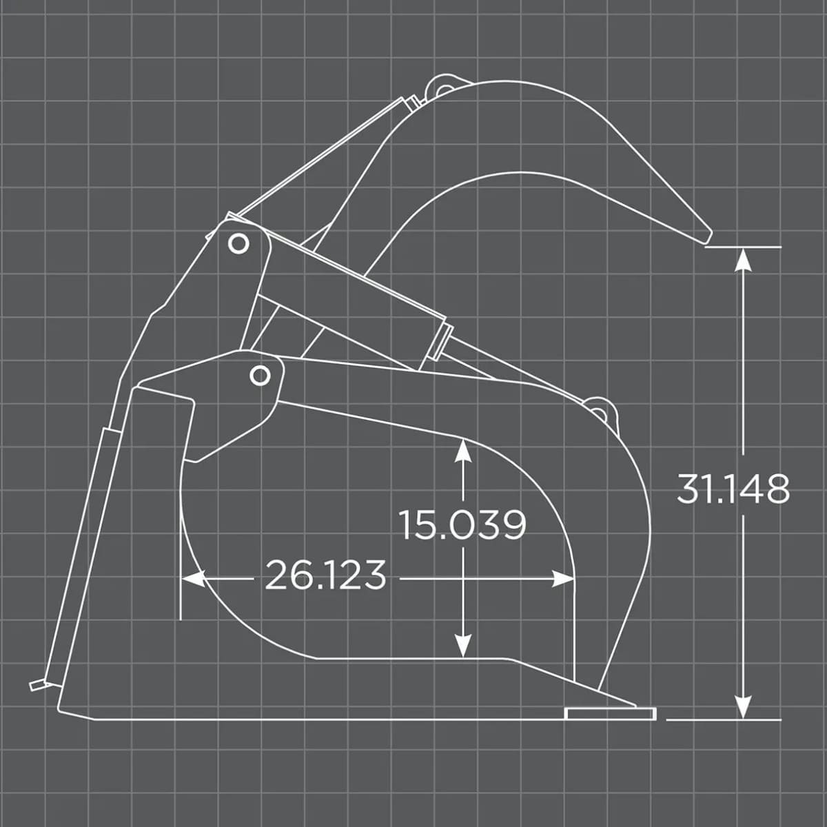 Technical drawing of a loflin rock grapple bucket with measurements on a grid background