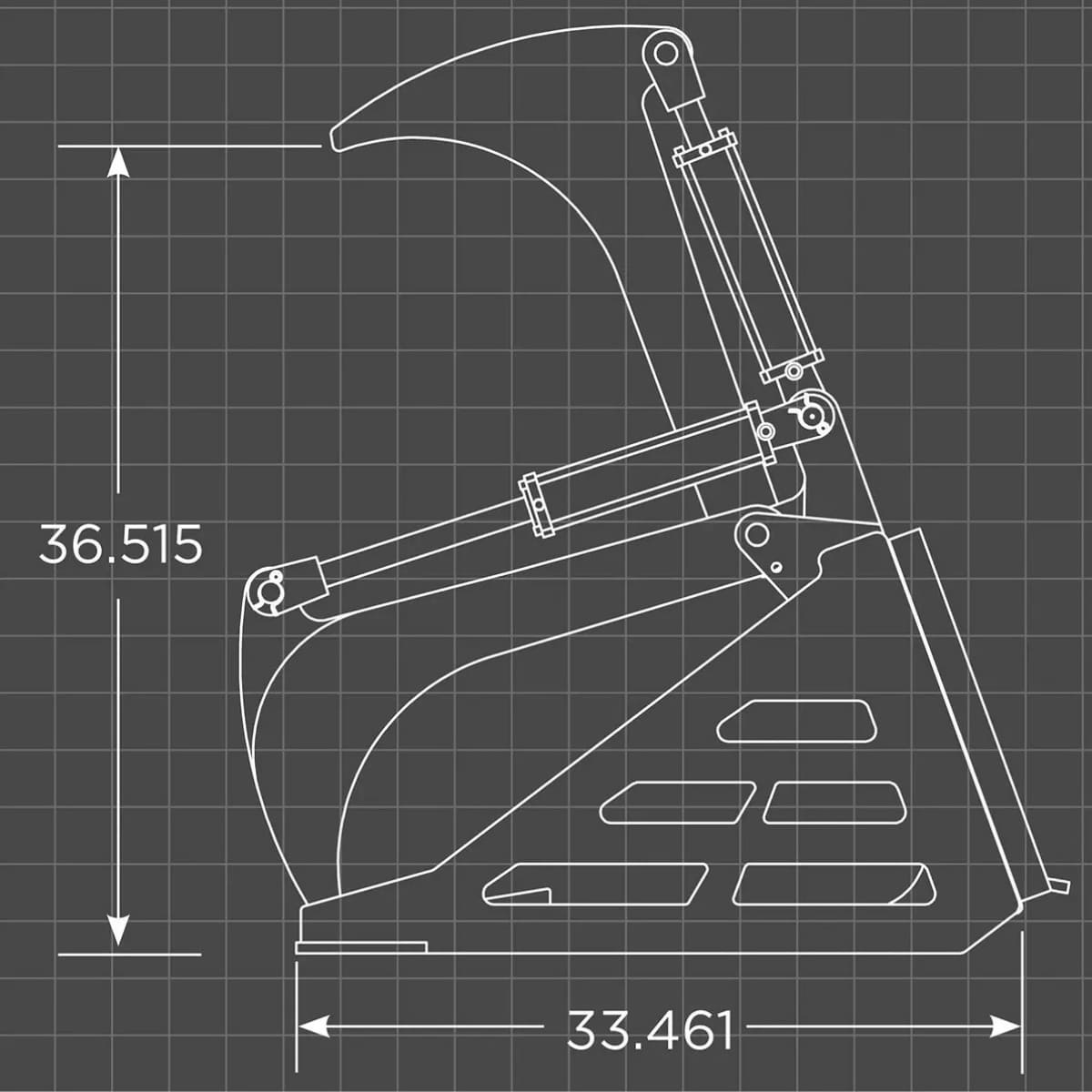 Technical drawing of a loflin rock grapple with dimensions on a grid background