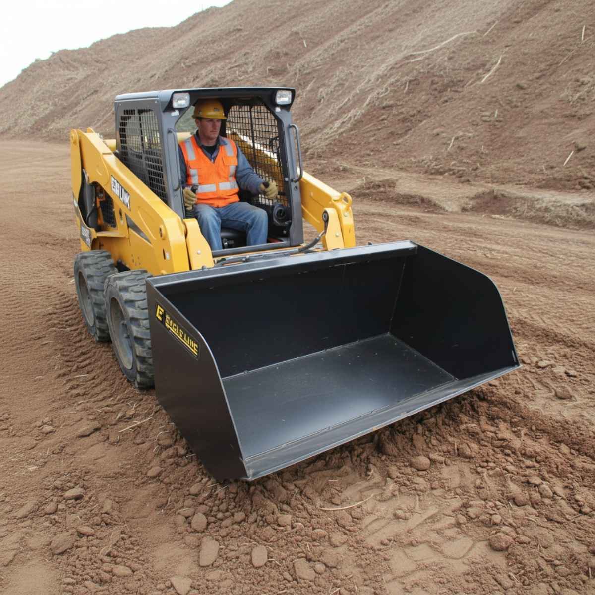Skid steer loader with a loflin skid steer trash bucket on a construction site with a worker inside