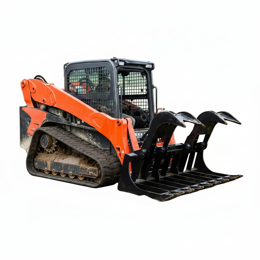 Orange and black compact track loader with a loflin root grapple attached on a white background