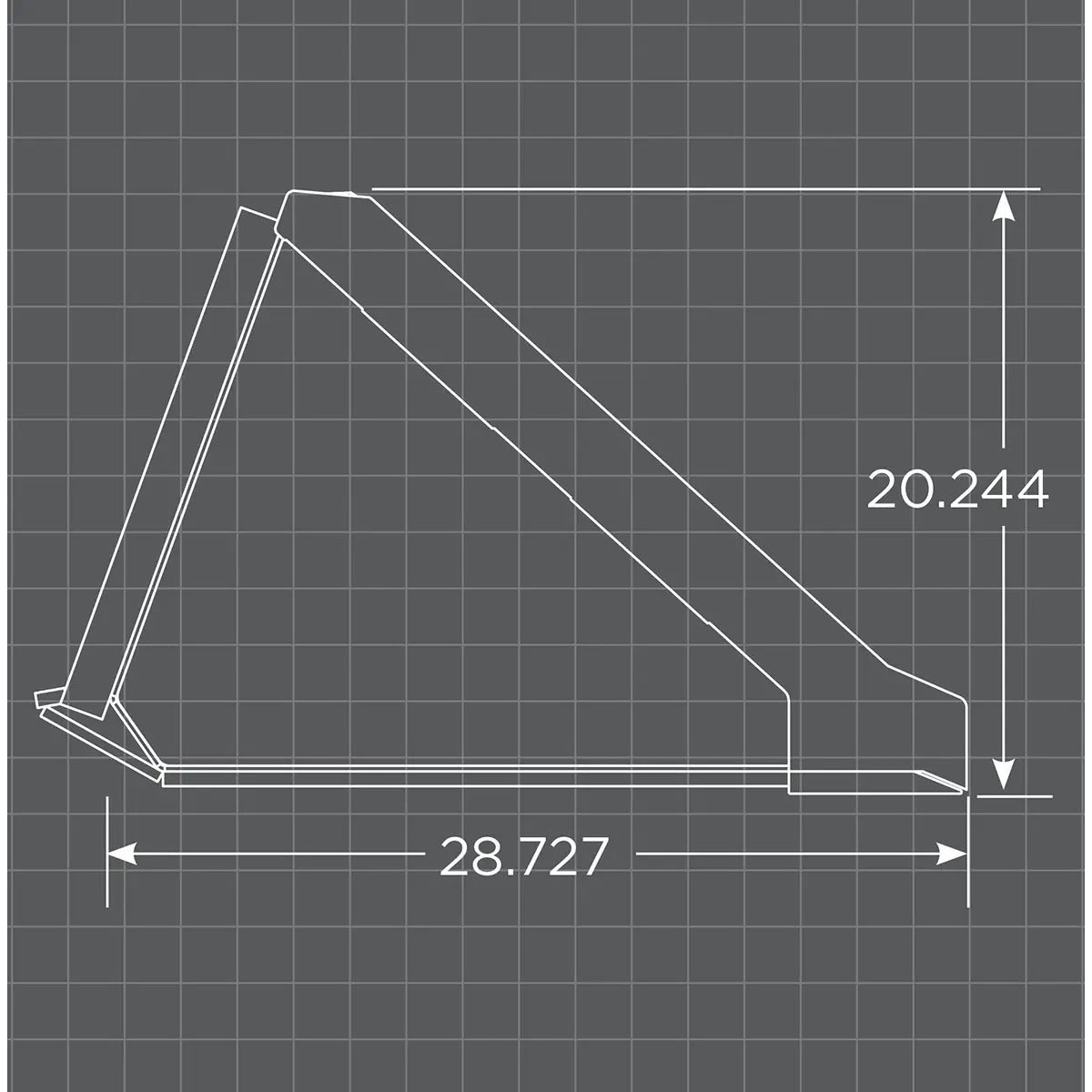 Technical drawing of a loflin fabrication standard low-profile bucket with measurements on a grey grid background