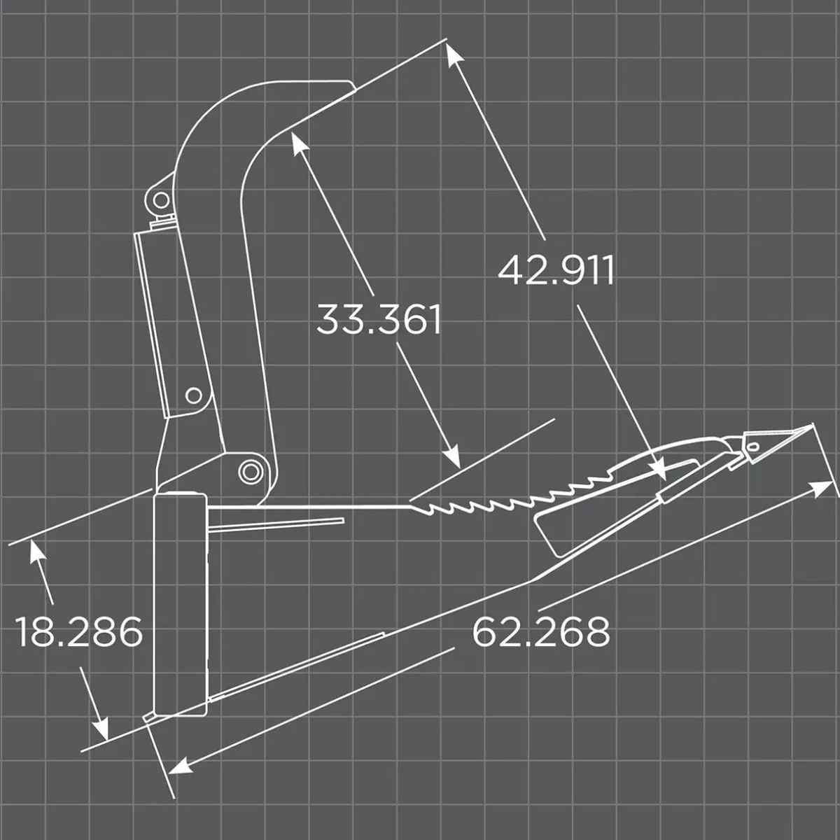 Technical drawing of a loflin fabrication stump grapple with measurements on a grid background
