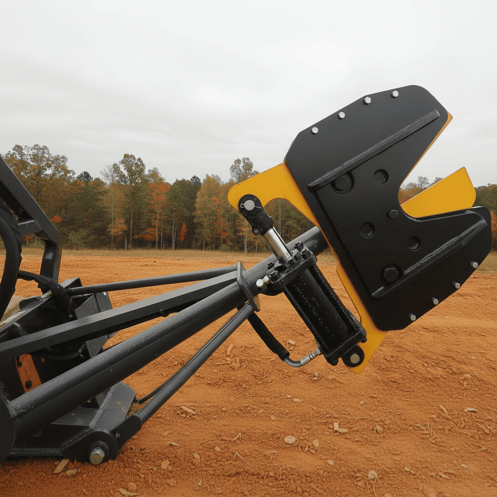 Close-up of loflin skid steer tree sheers on a dirt field with trees in the background