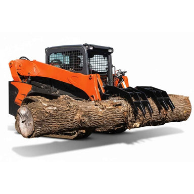 Orange skid steer loader with a loflin vertical root grapple holding a large log on a white background