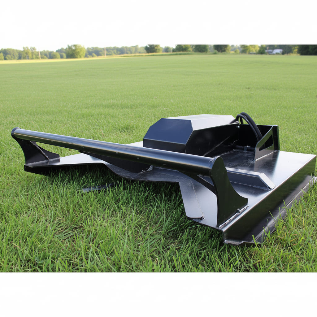 a black loflin fabtech brush cutter for skid steer on a grass field back view