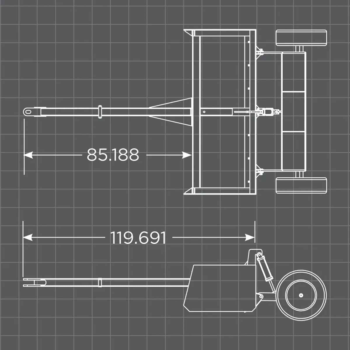 Technical drawing of a loflin fabrication land leveler with dimensions on a grid background