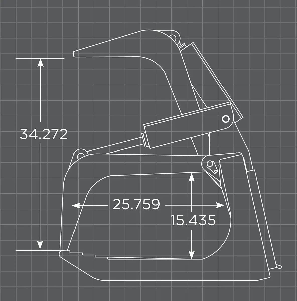 Technical drawing of a loflin root grapple for sale with measurements on a grid background