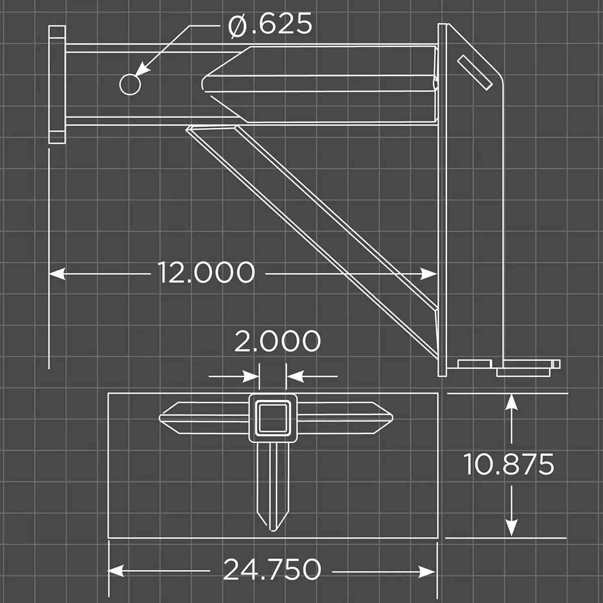 Technical drawing of a loflin fabrication reese hitch adapter with dimensions on a grid background