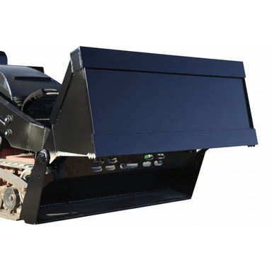 Close-up of a black loflin mini skid steer 4 in 1 bucket on a white background
