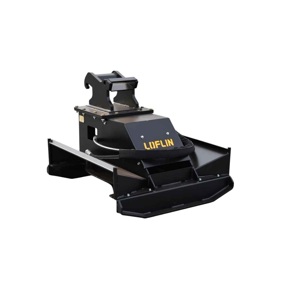 A black Loflin Fabrication mini excavator brush cutter attachment with the brand name 'LOFLIN' in yellow on the side, shown on a solid white background.