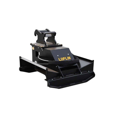A black Loflin Fabrication mini excavator brush cutter attachment with the brand name 'LOFLIN' in yellow on the side, shown on a solid white background.