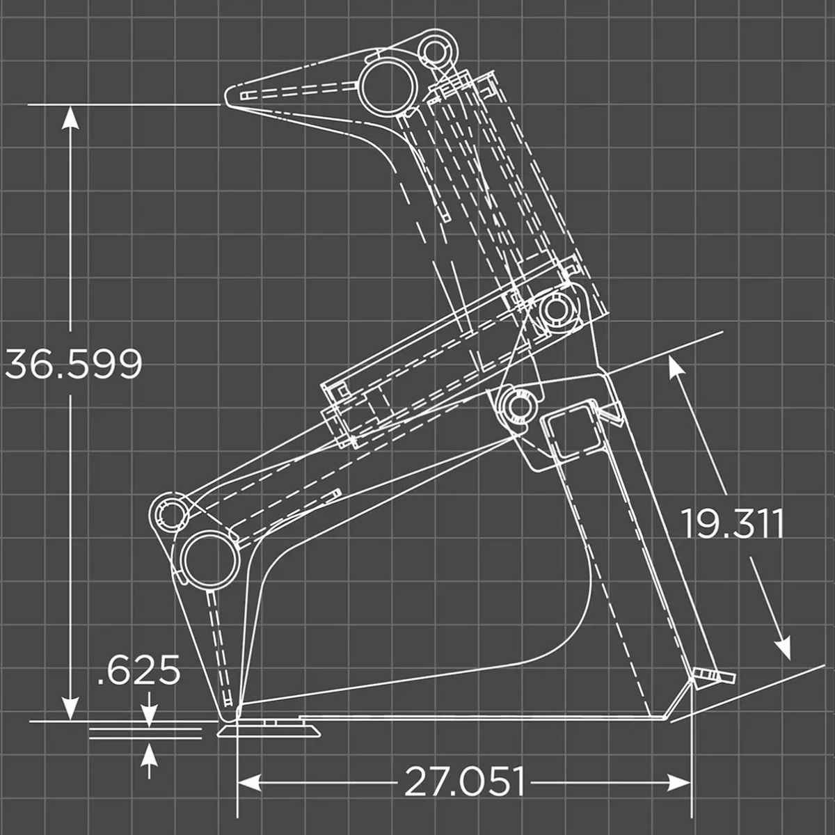 Technical drawing of a loflin fabrication mini skid steer grapple bucket with dimensions on a grid background