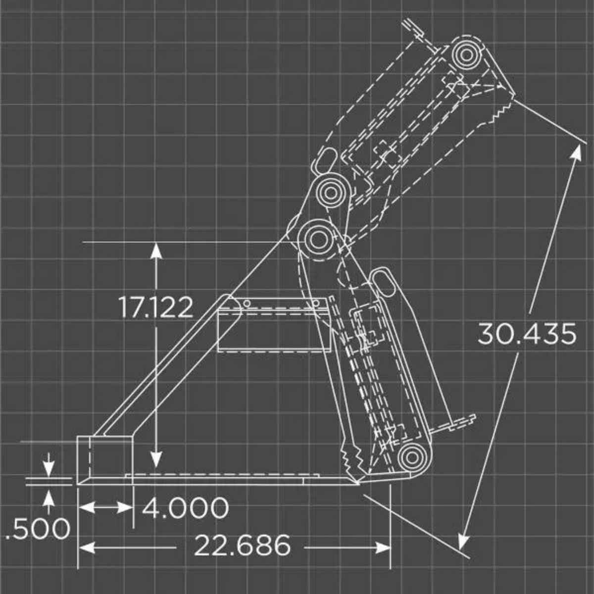 Technical drawing of a loflin fabrication mini skid steer bucket with dimensions on a grid background