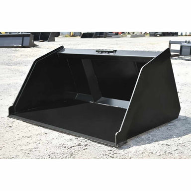Large black loflin mini snow and litter bucket on a gravel surface.