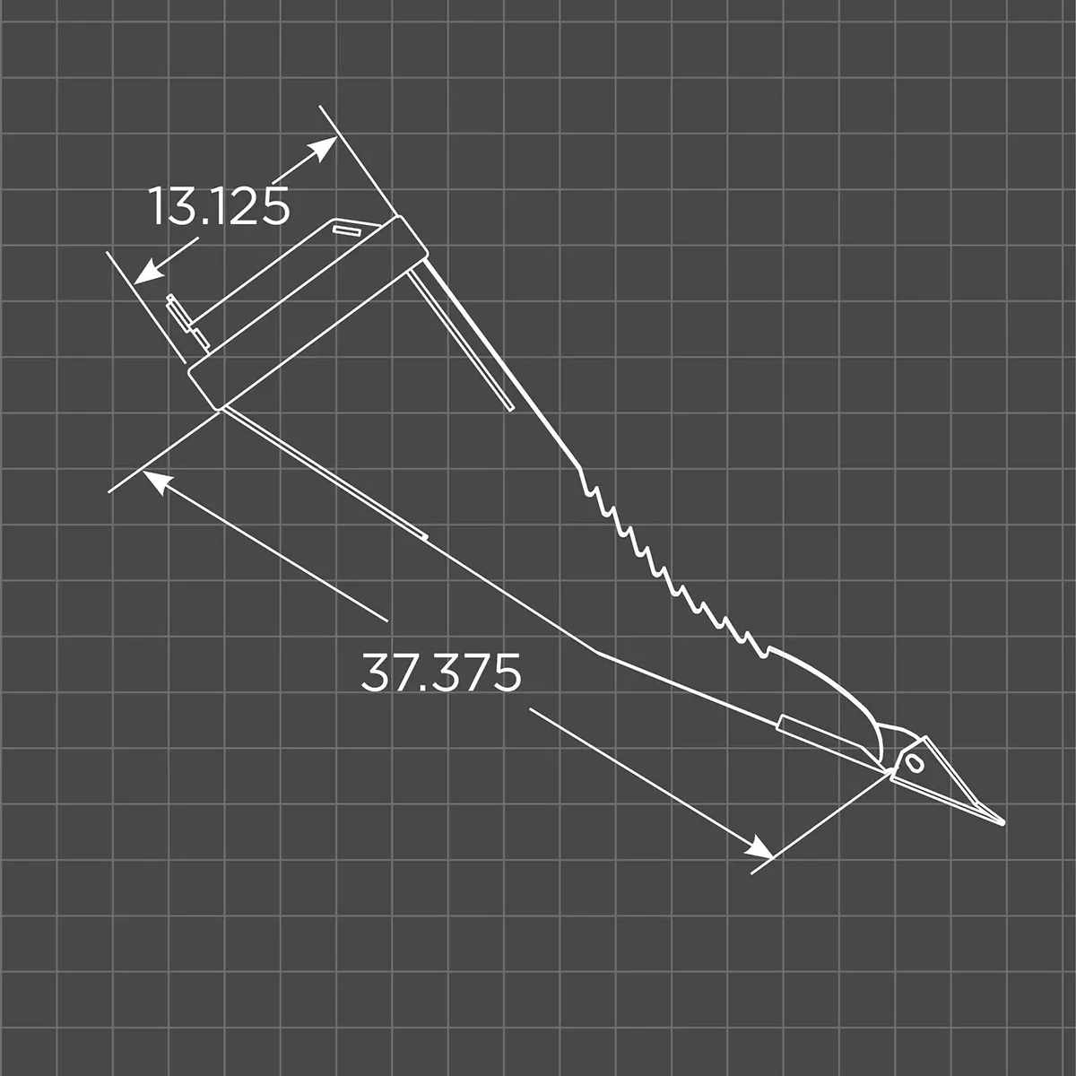 Technical drawing of a loflin fabrication mini skid steer stump bucket with measurements on a grid background