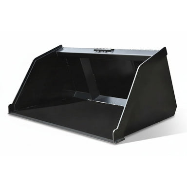 Black Loflin mini skid steer snow and litter bucket on a white background