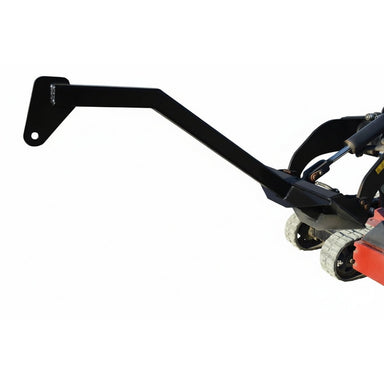 Black loflin mini skid steer tree boom with mechanical components on a white background