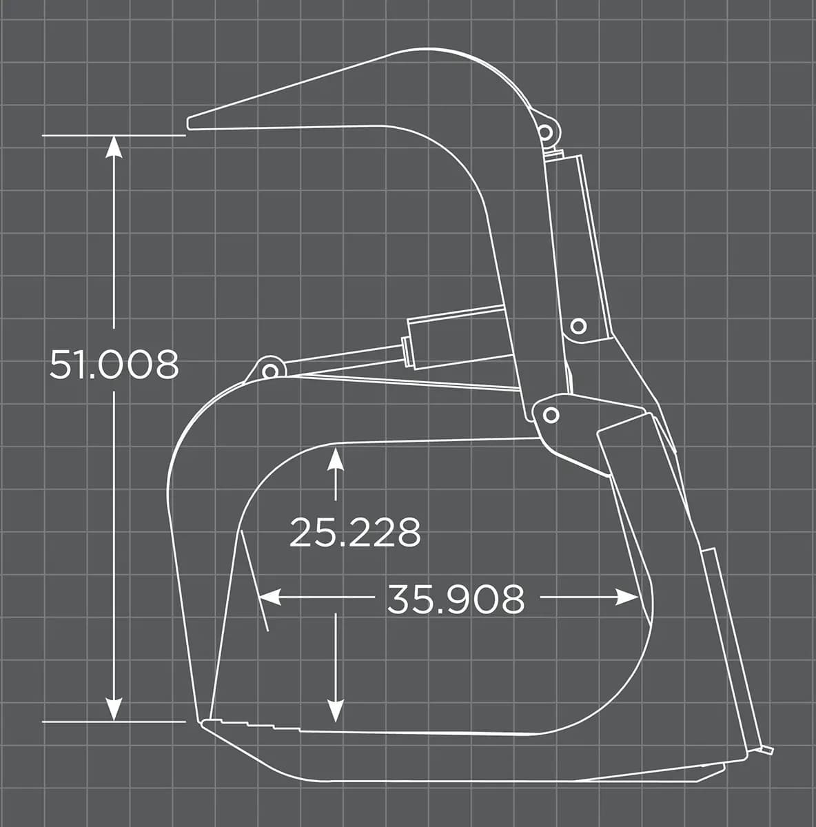 Technical drawing of a loflin monster duty root grapple with dimensions on a grid background