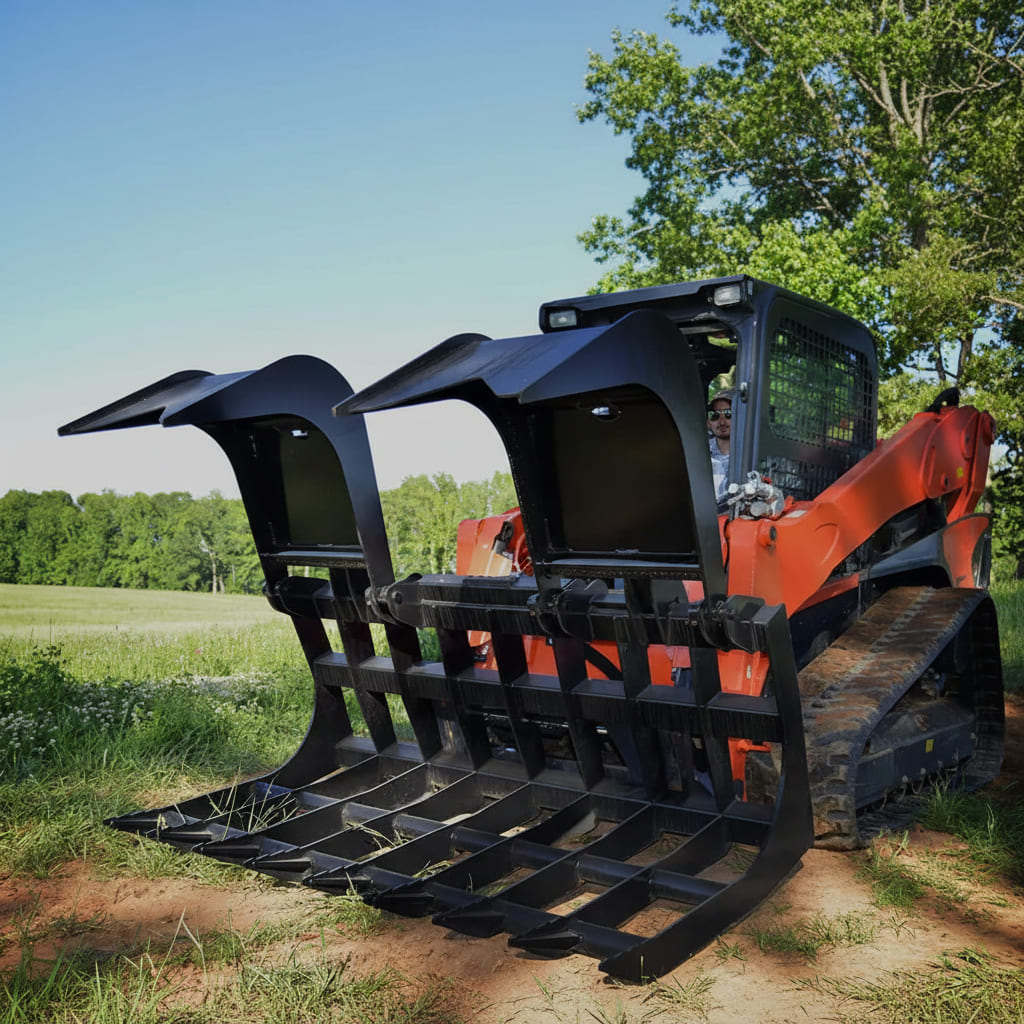 red track loader with a black loflin root grapple for sale with open doors in a grassy field