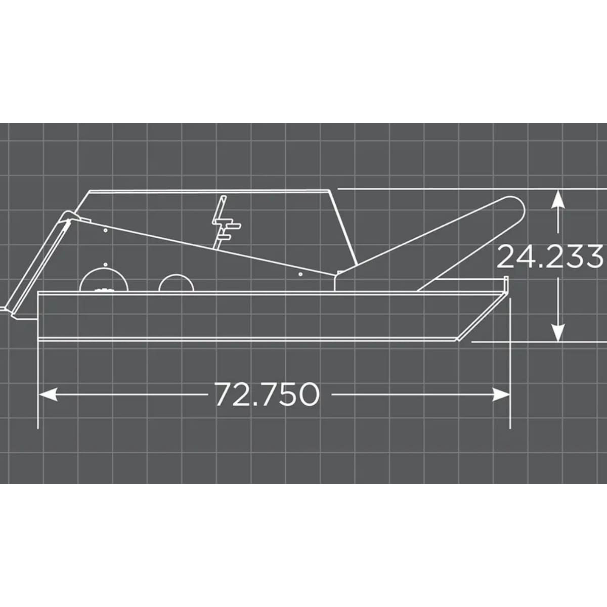 Technical drawing of a loflin open front brush cutter with dimensions on a grid background