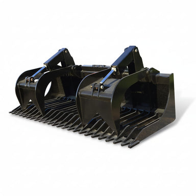 Black loflin rock grapple bucket on a white background