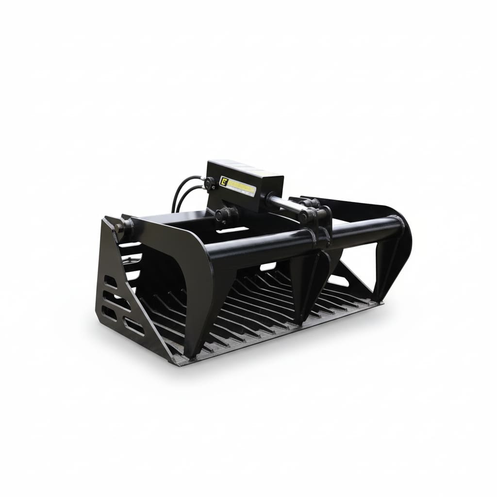Black loflin skid steer rock grapple on a white background