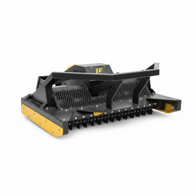 Black and yellow Loflin fabrication severe duty brush cutter on a white background
