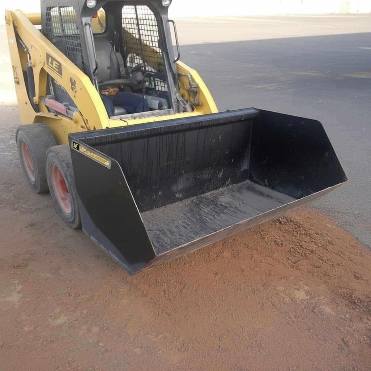 Skid steer loader with a loflin fabrication trash bucket on a construction site.
