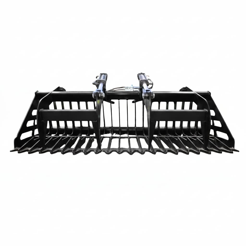 Black loflin tractor rock grapple bucket on a white background